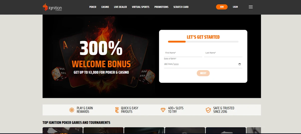 Ignition Casino lobby showing its 300% welcome bonus up to $3,000